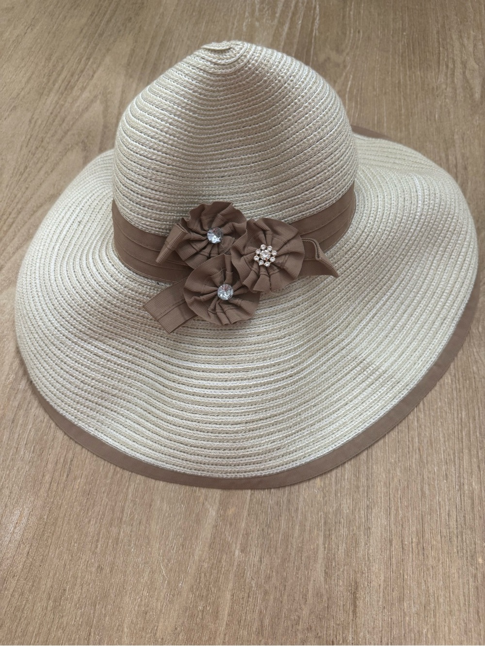 Badgley Mischka Cream Straw Sun Hat with Brown Ribbon & Rhinestone Floral Accent